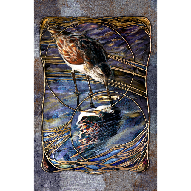 Artistic depiction of a bird drinking water with abstract patterns