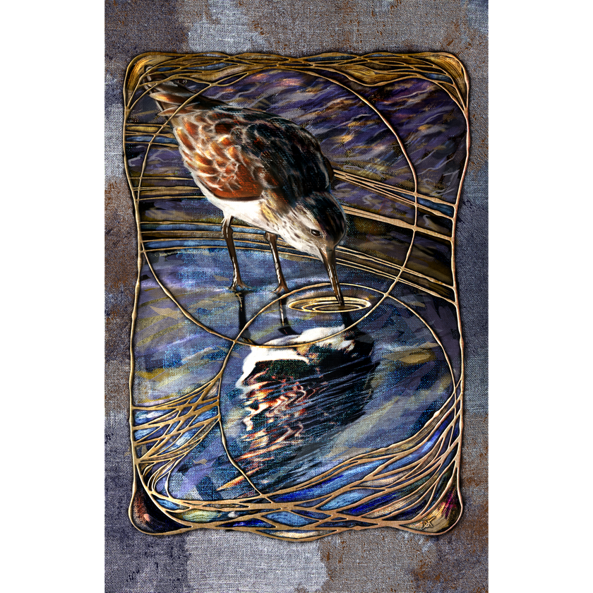 Artistic depiction of a bird drinking water with abstract patterns