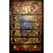 Artistic depiction of a figure with floral elements and portraits on a textured background