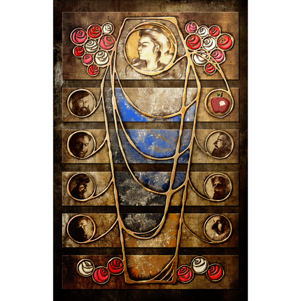 Artistic depiction of a figure with floral elements and portraits on a textured background