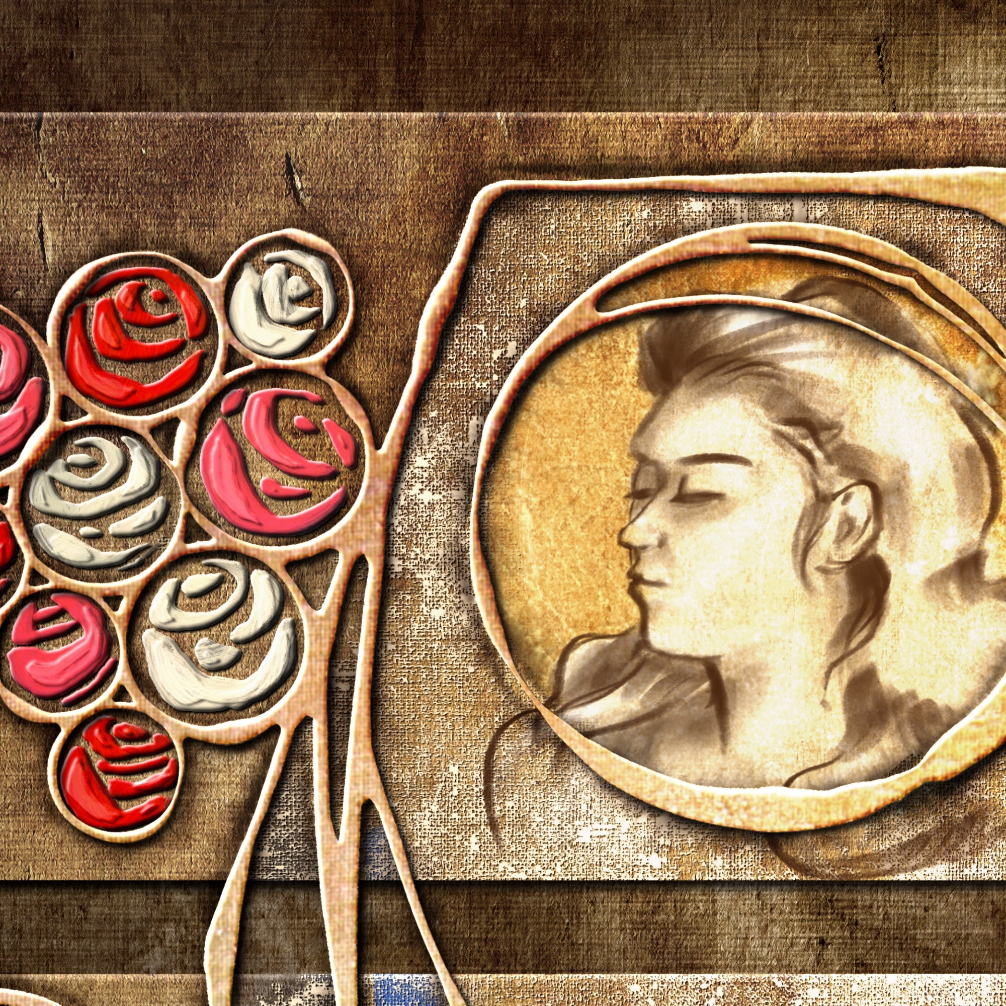 Decorative design with stylized roses and a profile portrait on a textured background