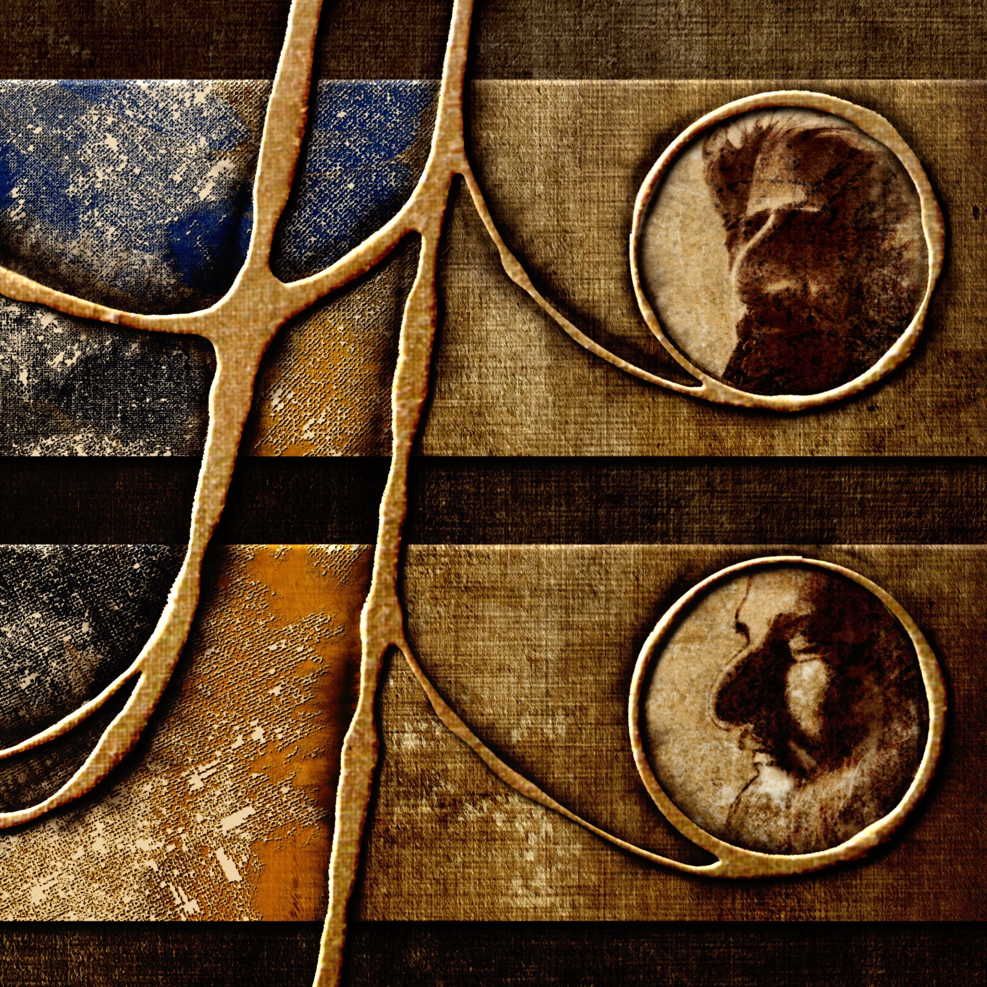 Abstract art piece with intricate patterns and portraits on a textured background