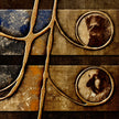 Abstract art piece with intricate patterns and portraits on a textured background