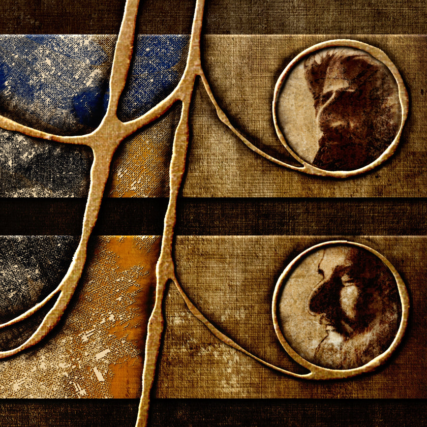 Abstract art piece with intricate patterns and portraits on a textured background