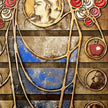 Artistic depiction of a face with floral and portrait elements on a textured background
