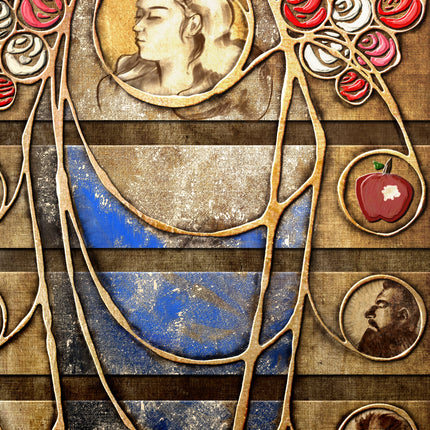 Artistic depiction of a face with floral and portrait elements on a textured background