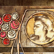 Decorative design with stylized roses and a profile portrait on a textured background