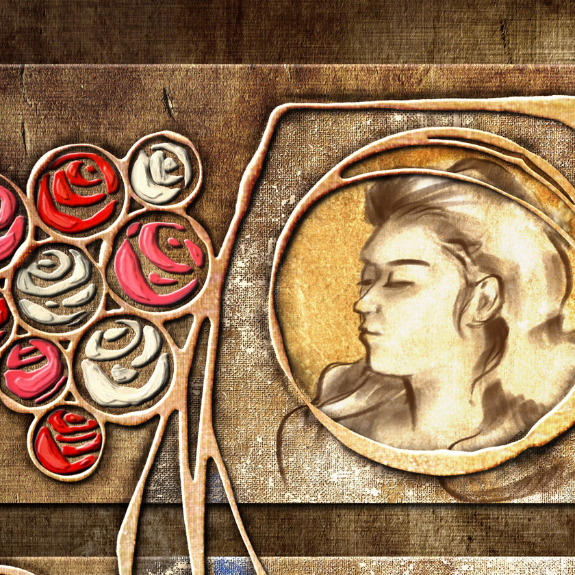 Decorative design with stylized roses and a profile portrait on a textured background