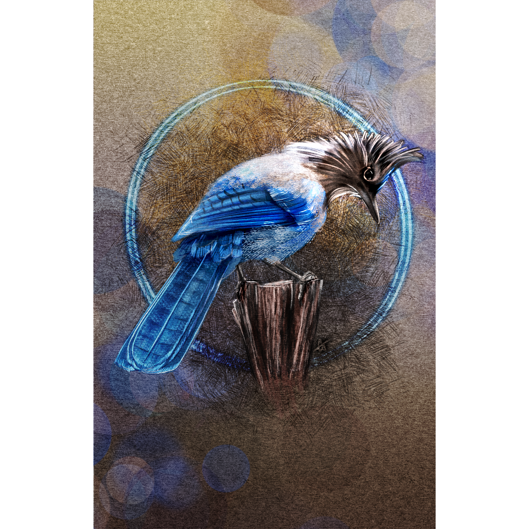Blue bird on a branch with a circular design in the background