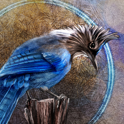 Blue bird with a textured brown and blue background