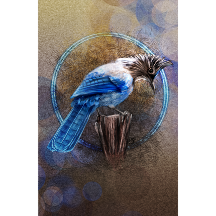 Blue bird on a branch with a circular design in the background