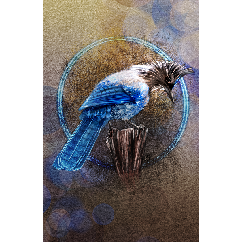 Blue bird on a branch with a circular design in the background