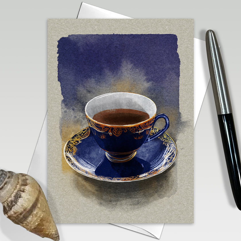 Greeting card with a blue teacup illustration on a beige background
