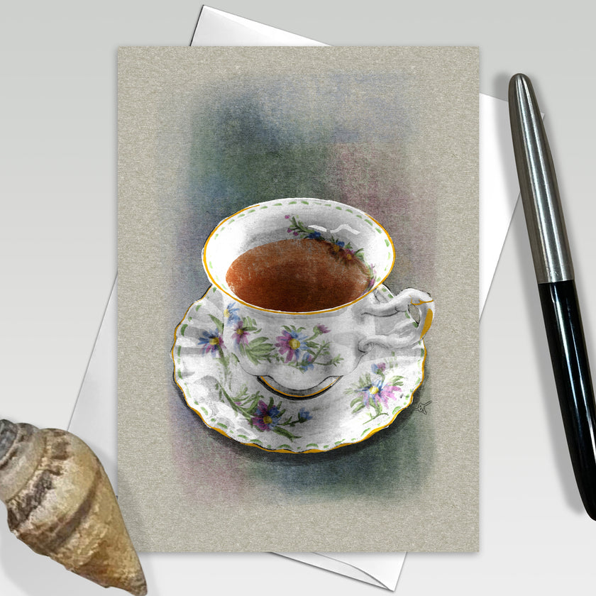 Greeting card with a teacup illustration on a textured surface