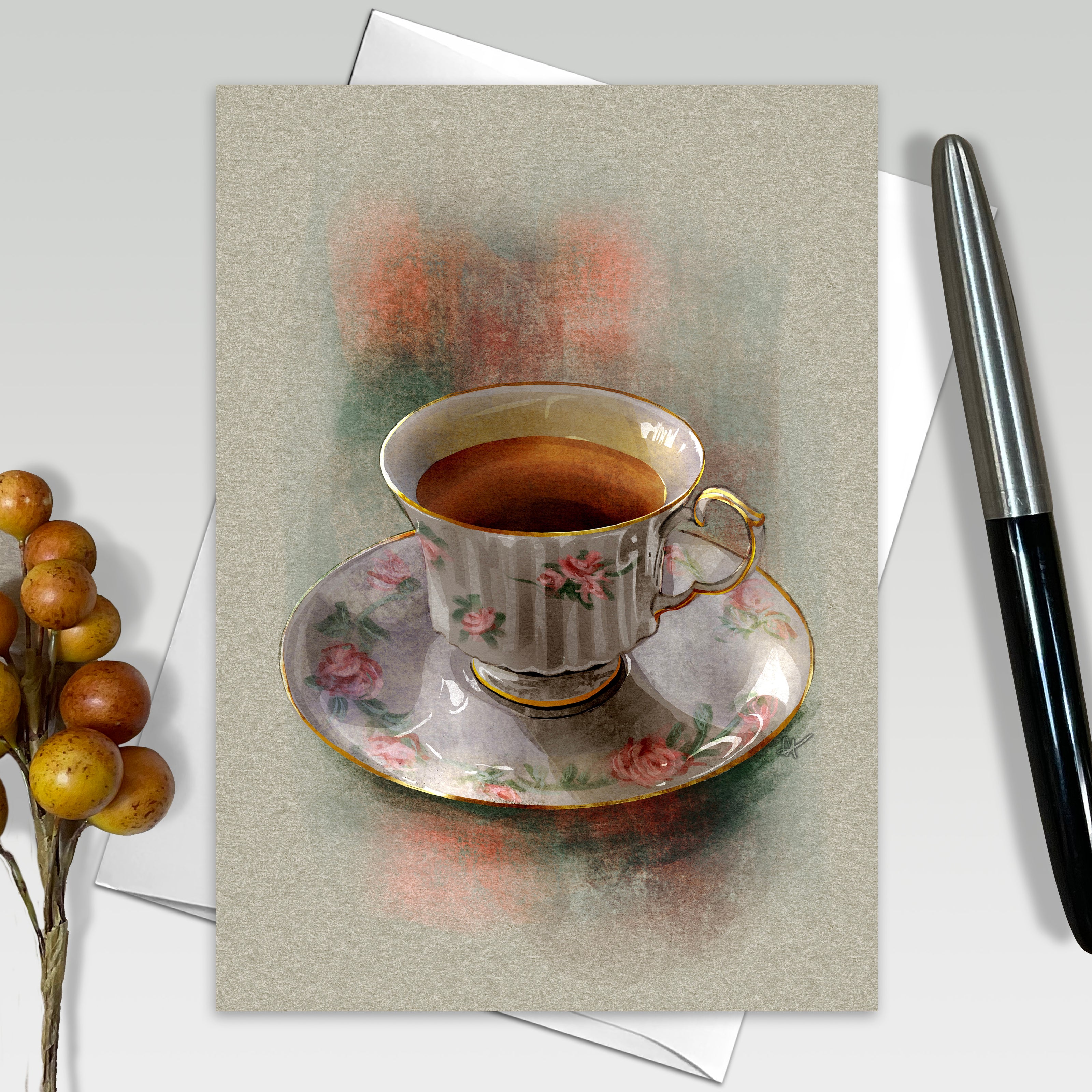 Greeting card with a teacup design on a textured surface