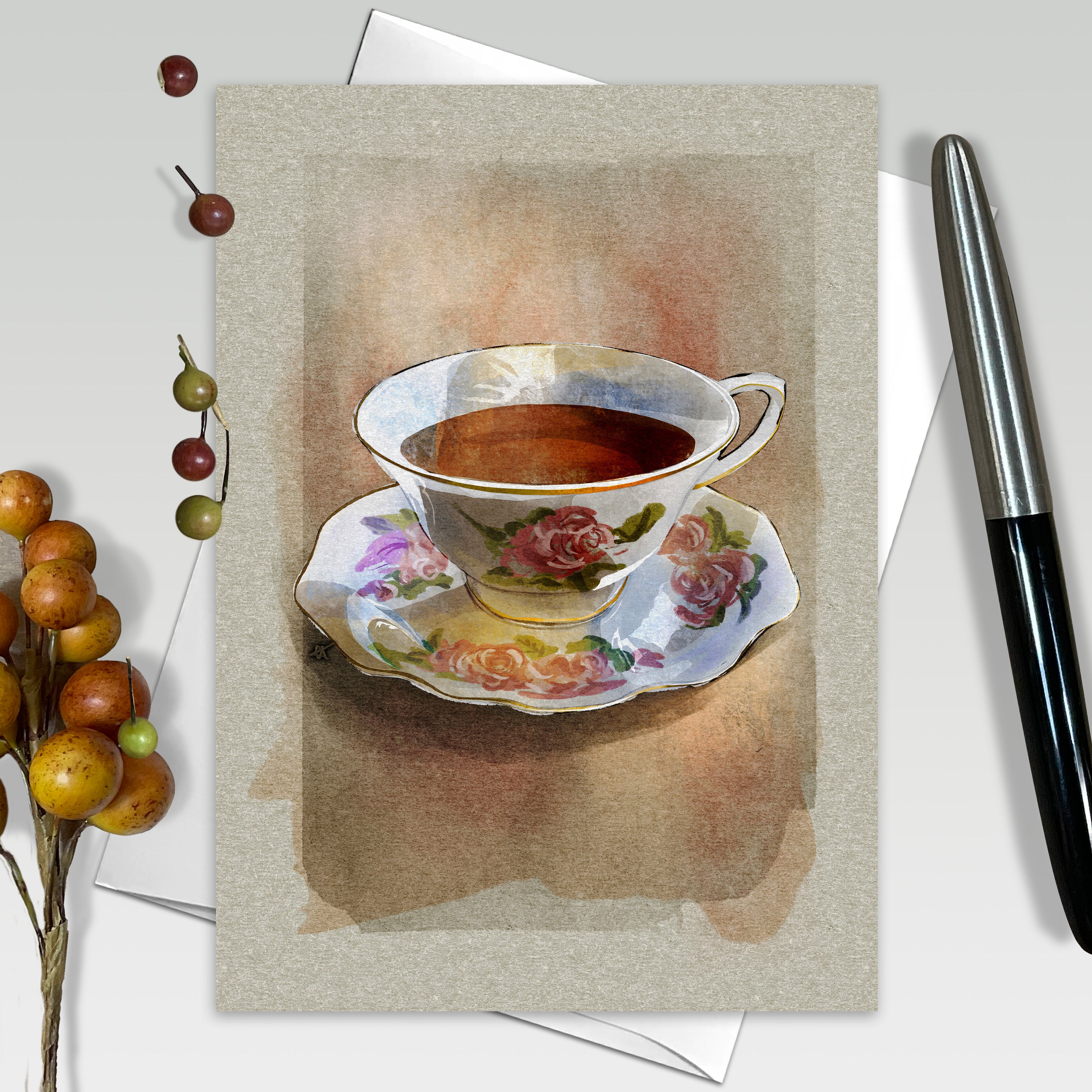 Greeting card with a watercolor illustration of a teacup and saucer on a textured background.