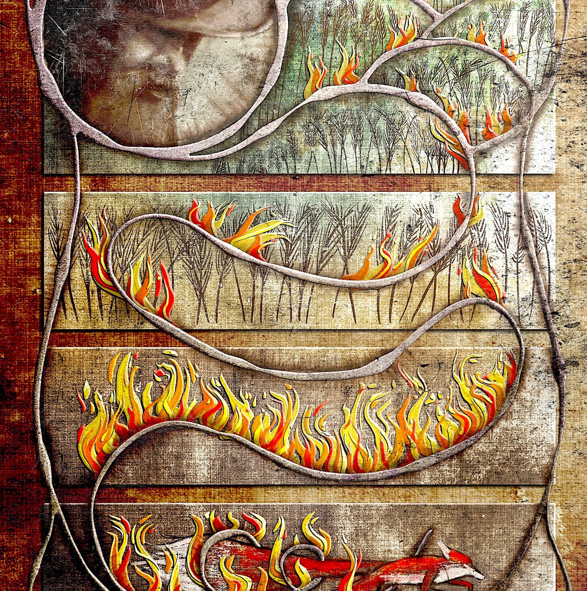 Artistic depiction of flames intertwined with natural elements on a textured background