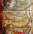 Artistic depiction of flames intertwined with natural elements on a textured background