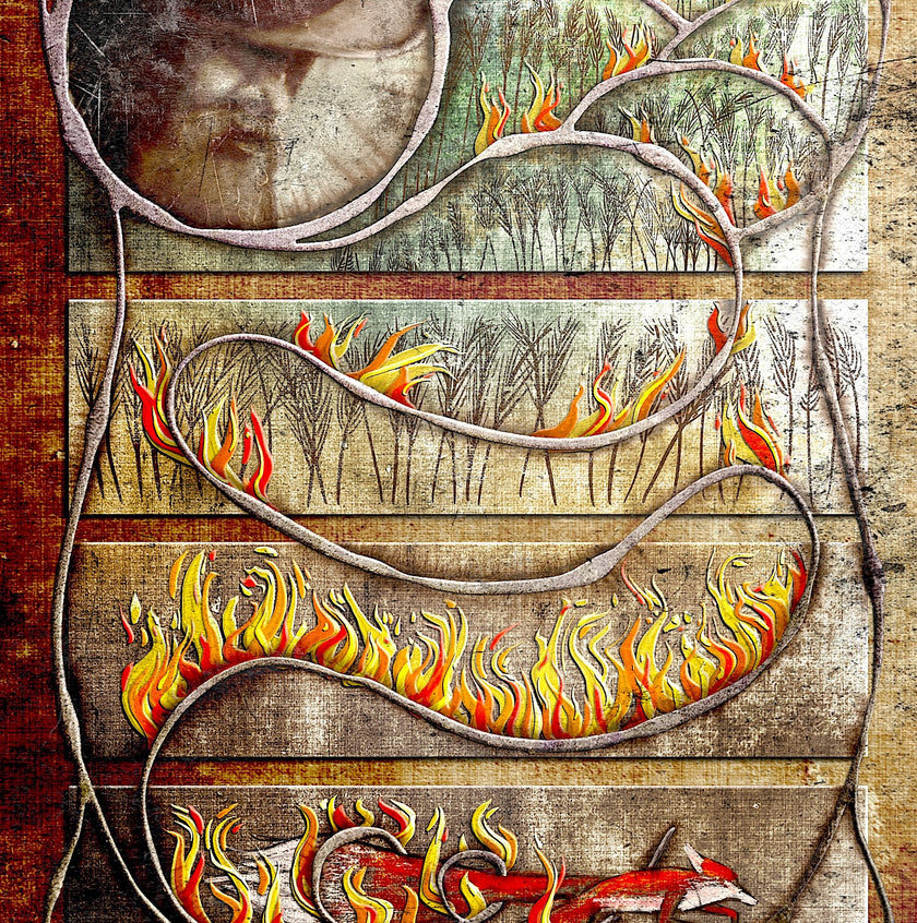 Artistic depiction of flames intertwined with natural elements on a textured background