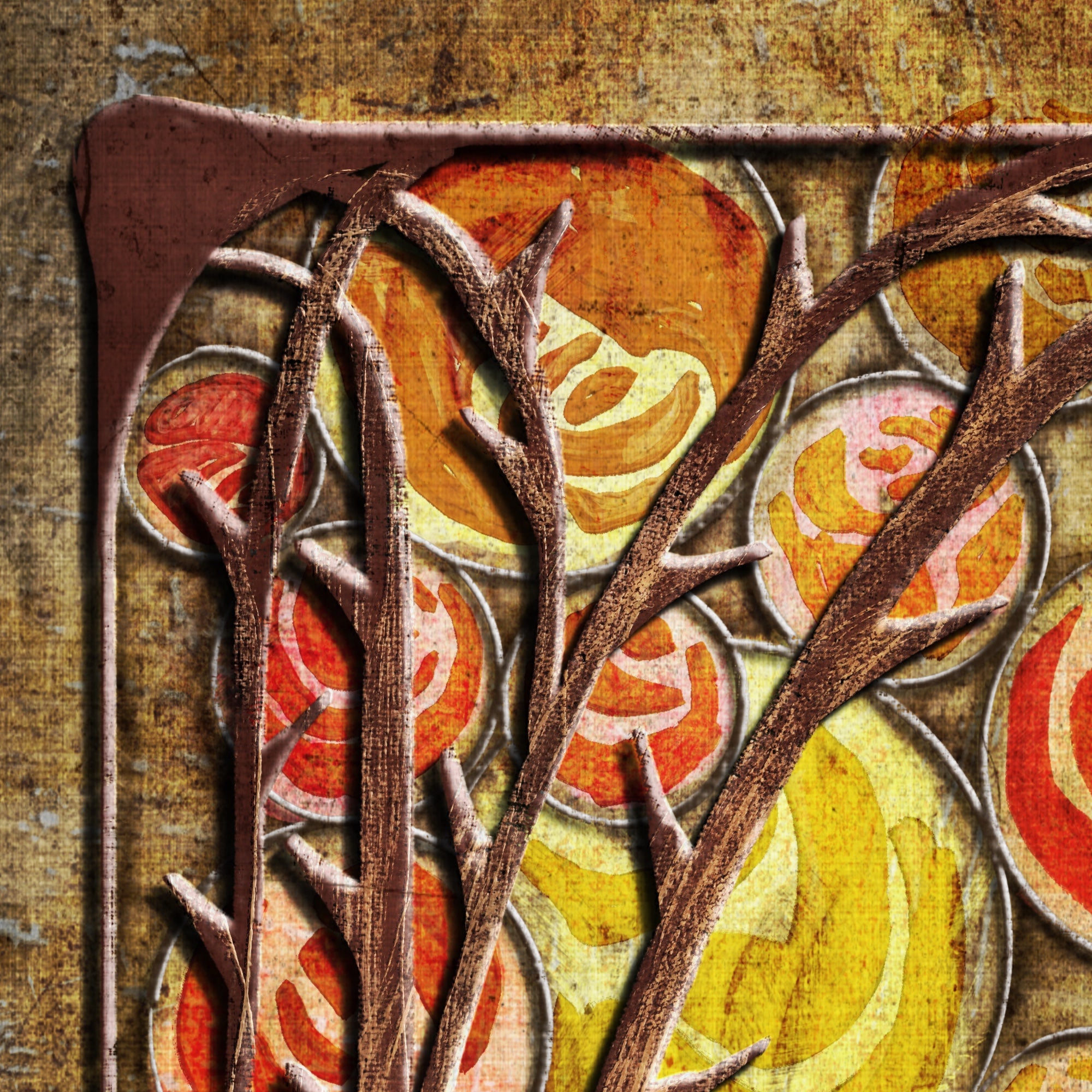 Art Nouveau-style design with stylized leaves and circular patterns in brown, orange, and yellow on a textured background.