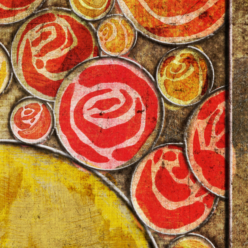 Close-up of red and yellow circular patterns on a textured surface