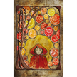 Artistic depiction of a figure in a red hood with colorful circular patterns on a textured background