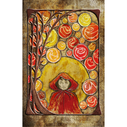 Artistic depiction of a figure in a red hood with colorful circular patterns on a textured background