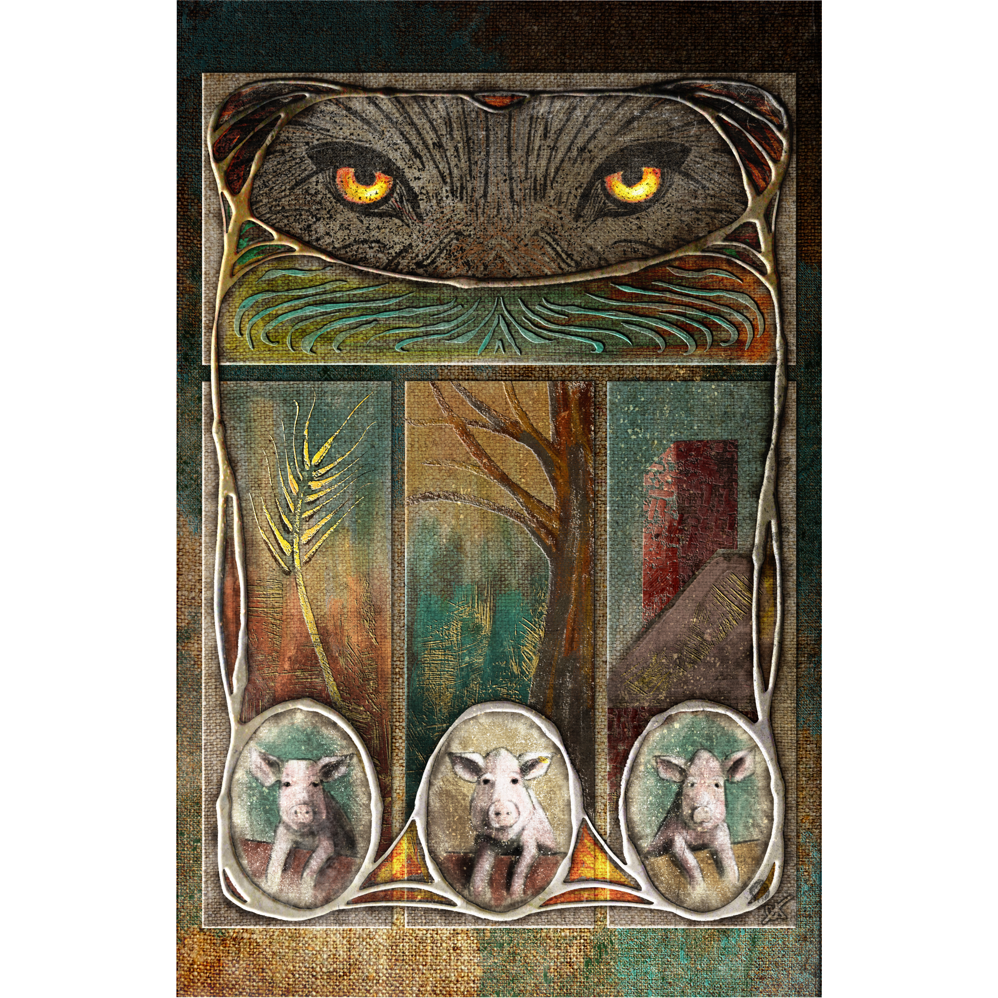 Decorative panel with wolf's eyes and three pigs in stylized framing