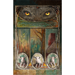 Decorative panel with wolf's eyes and three pigs in stylized framing