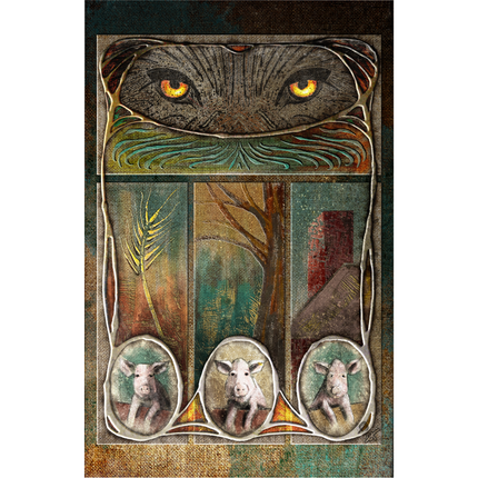 Decorative panel with wolf's eyes and three pigs in stylized framing