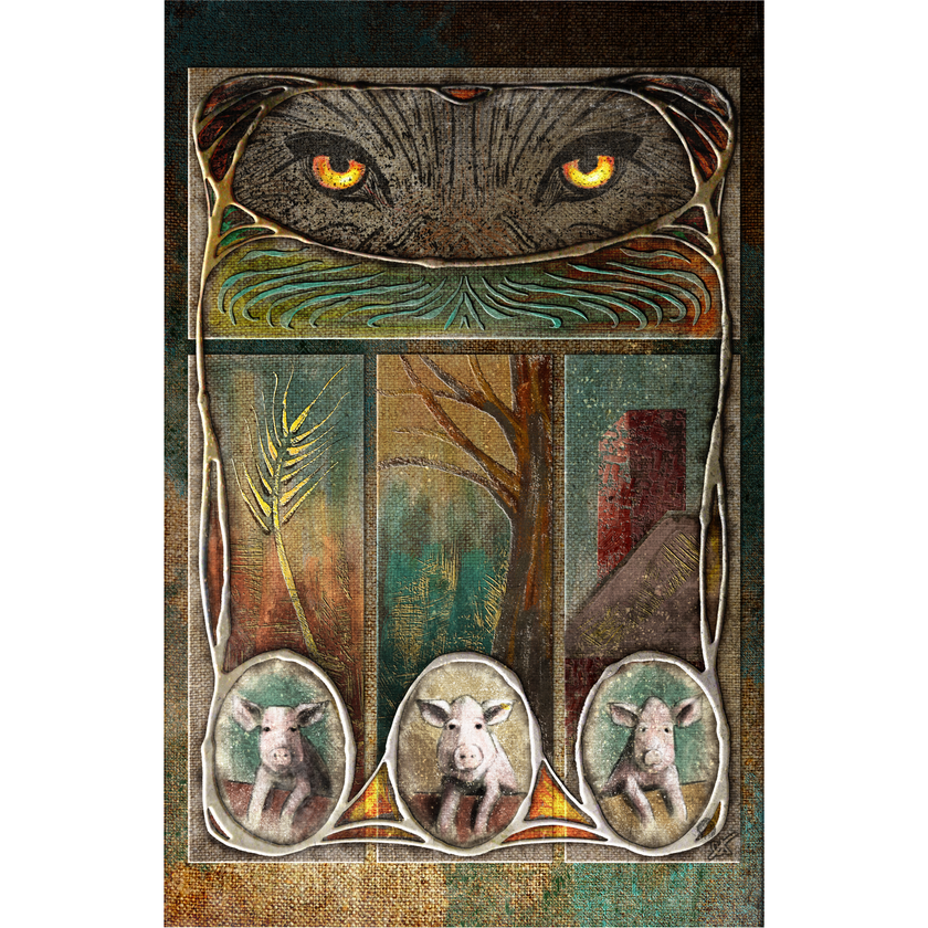 Decorative panel with wolf's eyes and three pigs in stylized framing