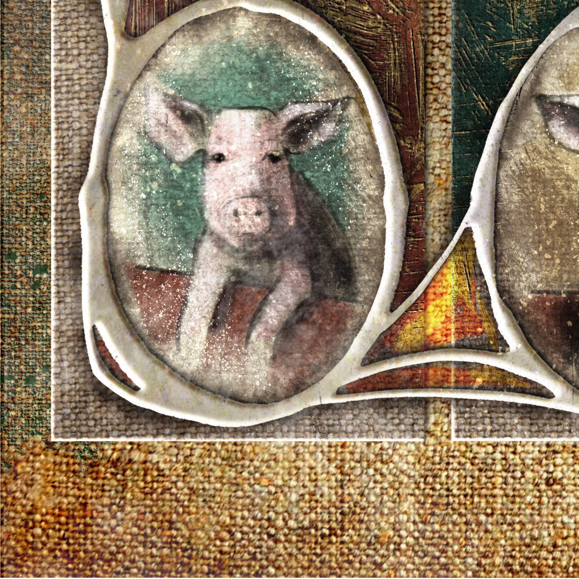 Illustration of a pig in a decorative frame on a textured paper background