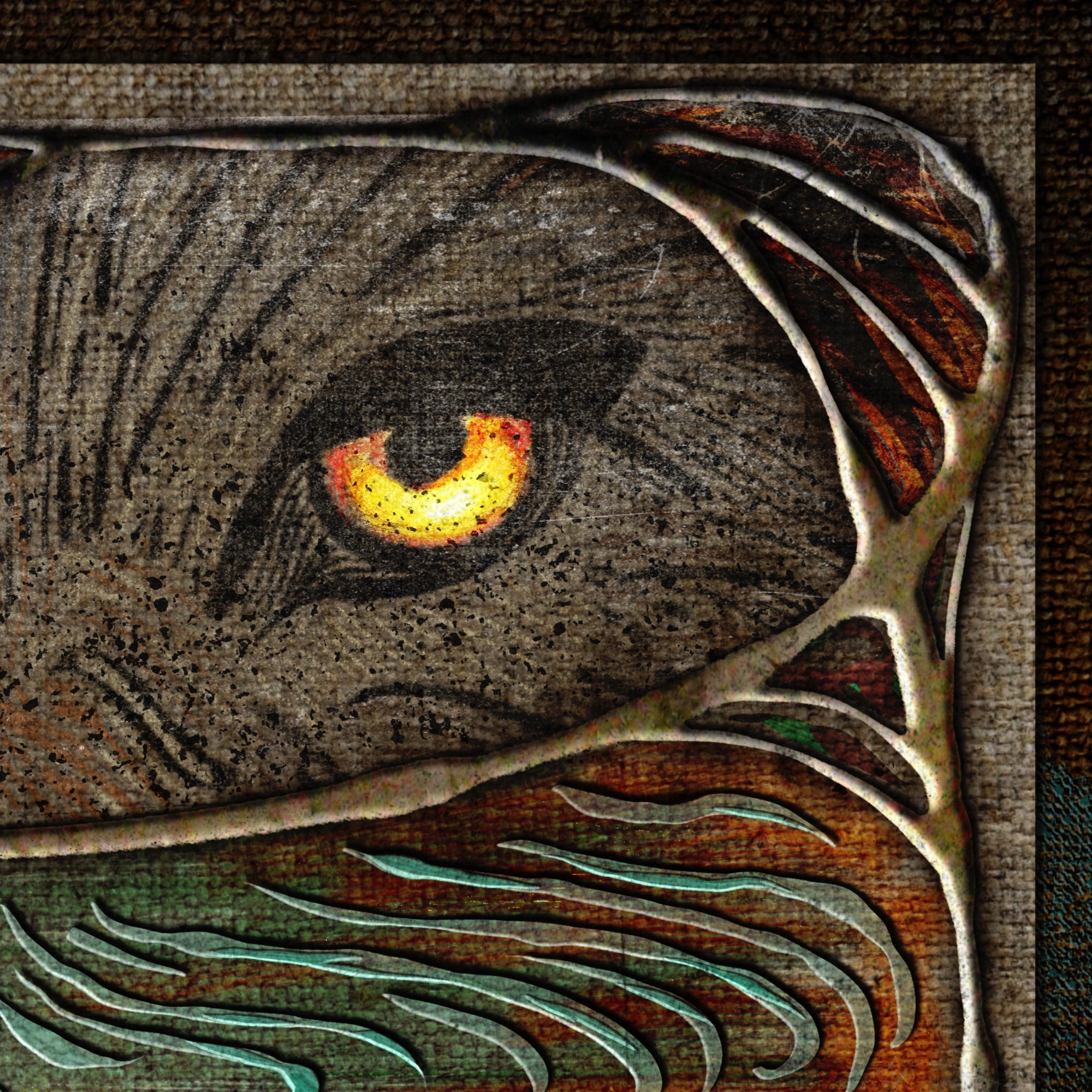 Close-up of a textured surface with an eye-like design and glowing center.