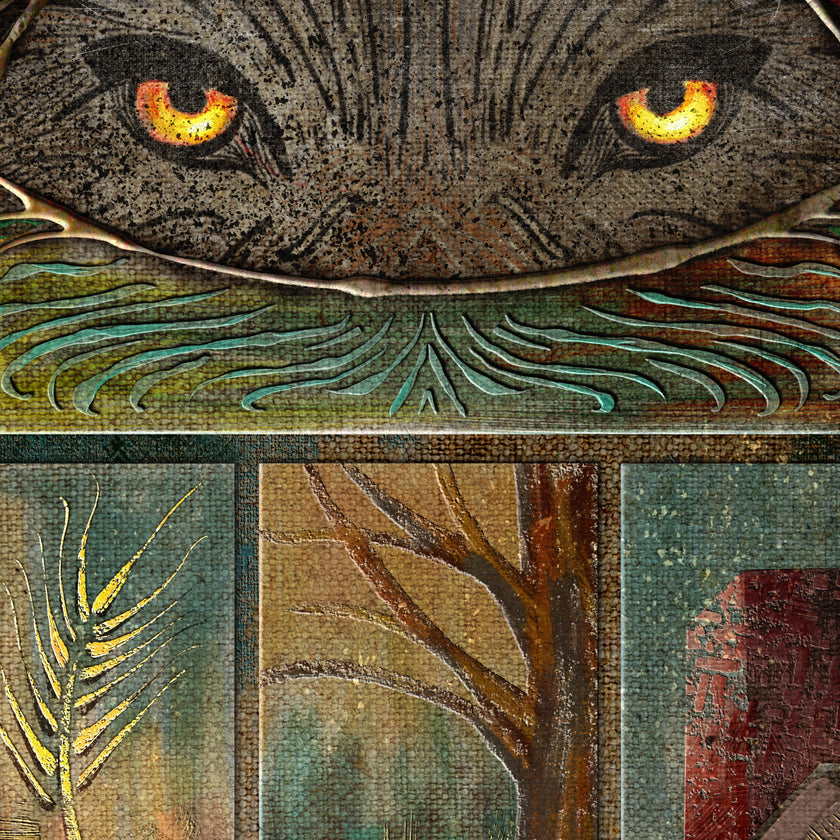 Close-up of a textured surface with animal eyes and natural elements