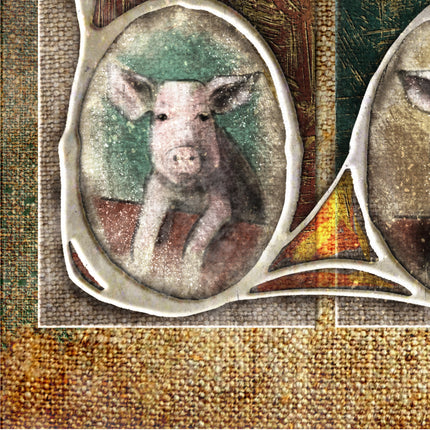 Illustration of a pig in a decorative frame on a textured paper background
