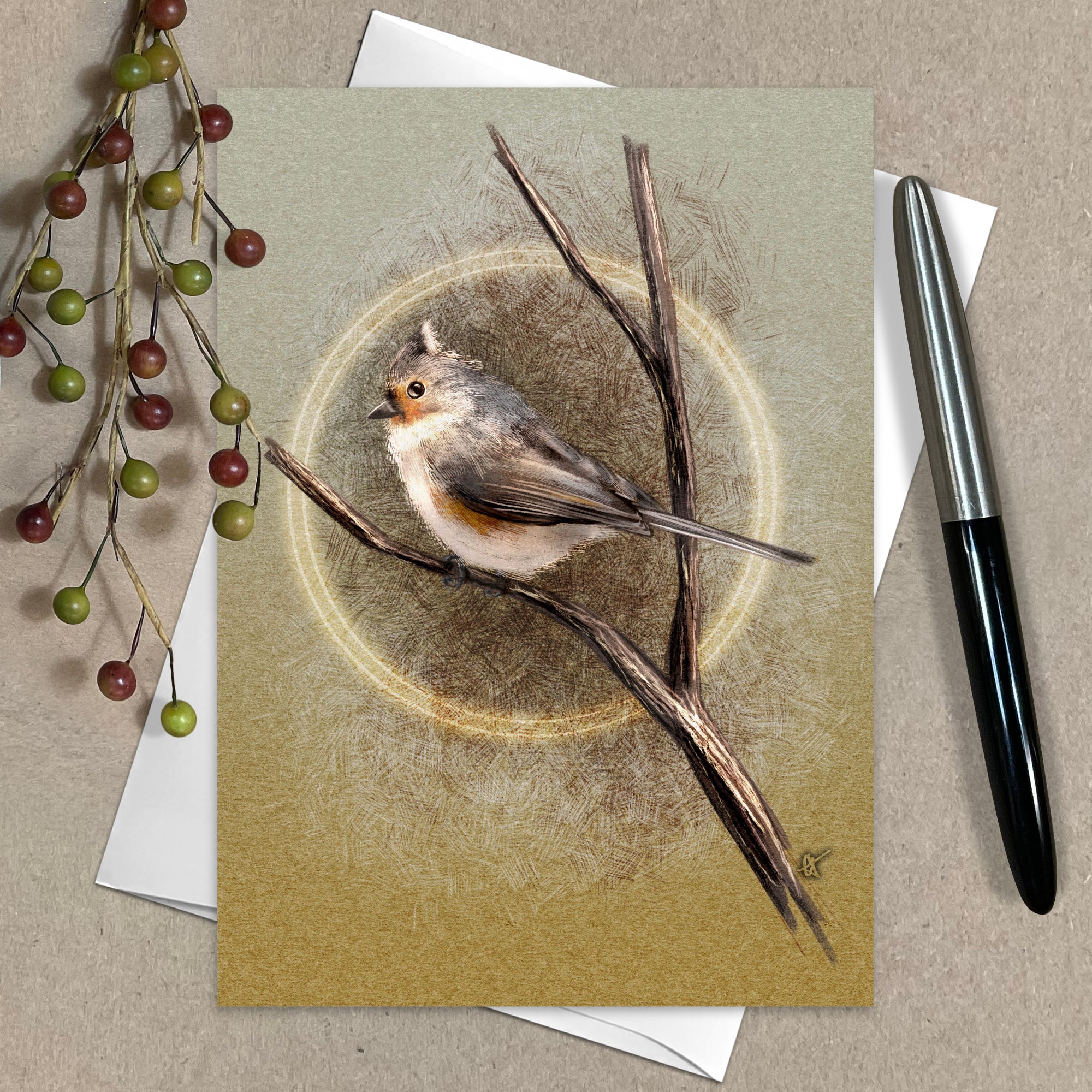 Greeting card with a bird illustration on a branch, surrounded by berries and a pen.