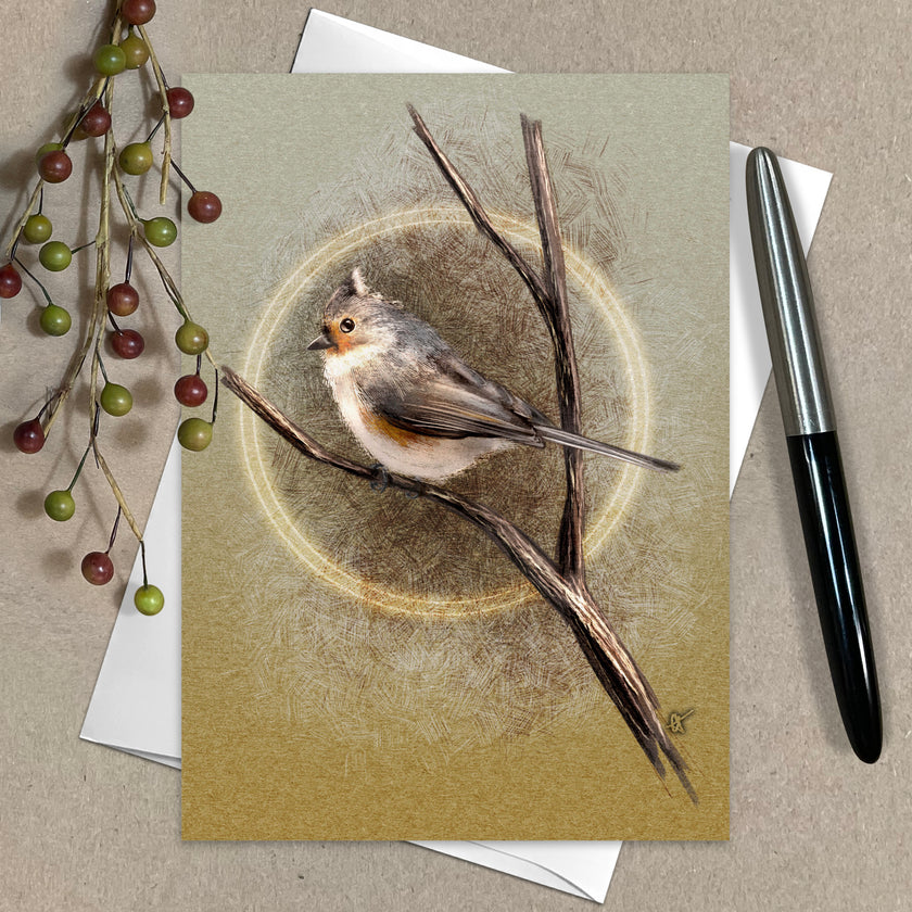 Greeting card with a bird illustration on a branch, surrounded by berries and a pen.