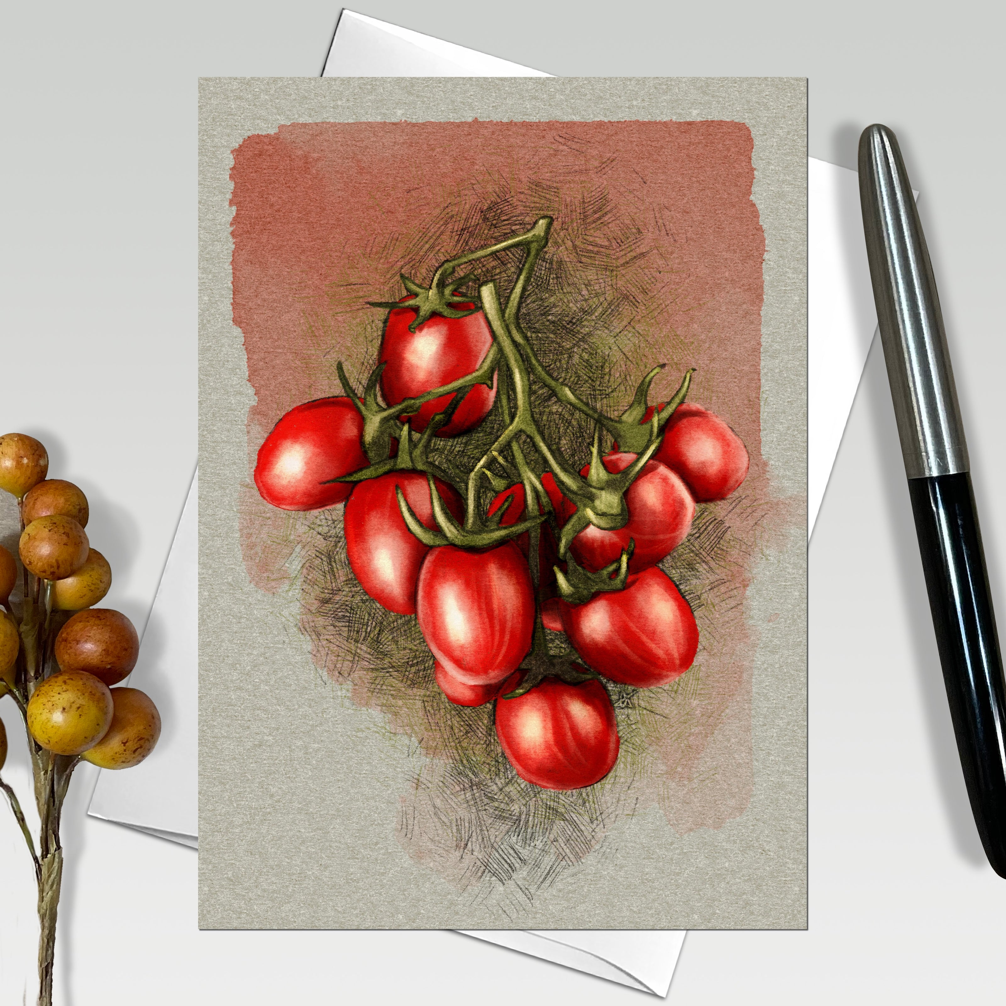 Greeting card with illustration of tomatoes on a textured background