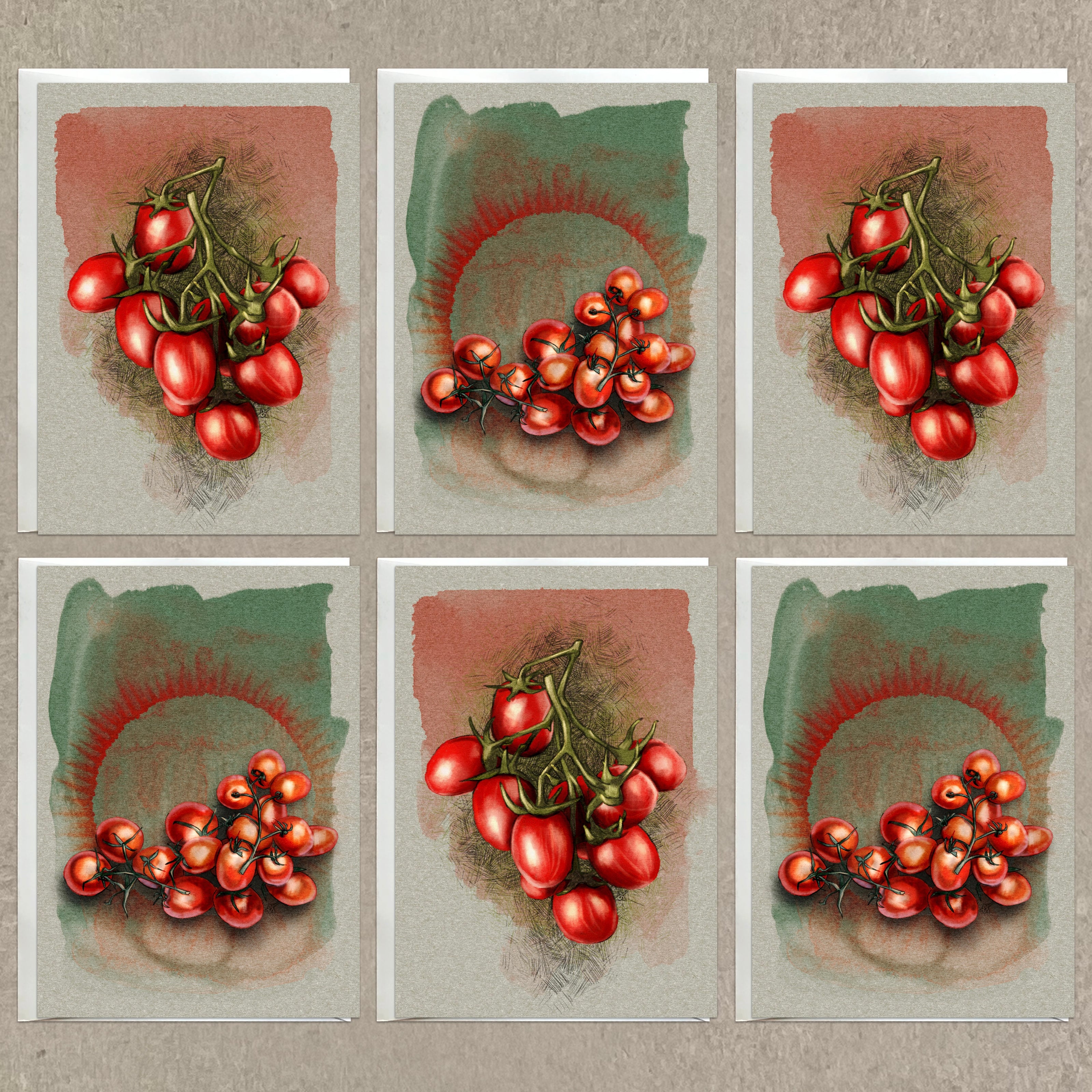 Set of six illustrations of tomatoes on a textured beige background