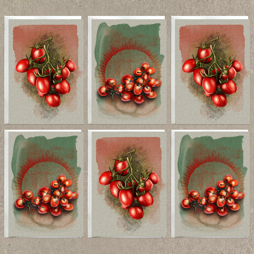 Set of six illustrations of tomatoes on a textured beige background