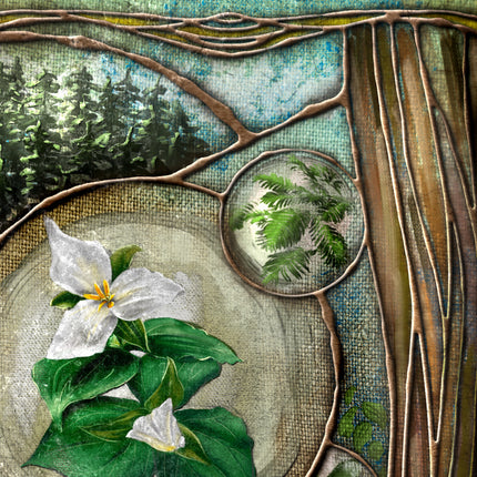 Artistic depiction of a flower and leaves with a textured background