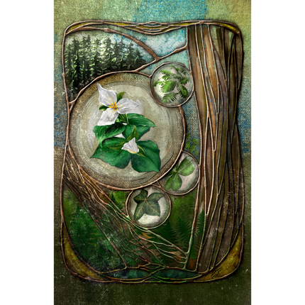 Decorative panel with floral design and nature elements on a textured background