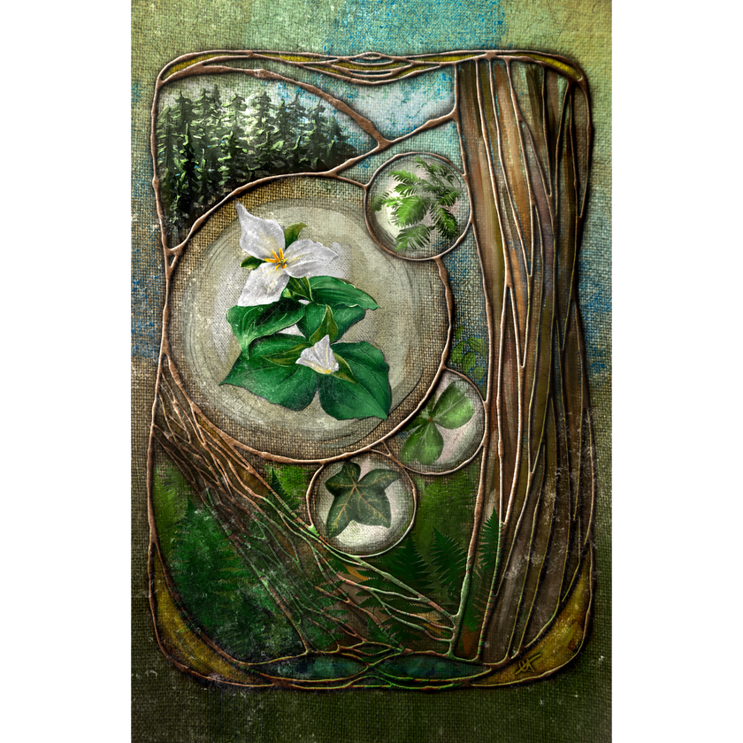 Decorative panel with floral design and nature elements on a textured background