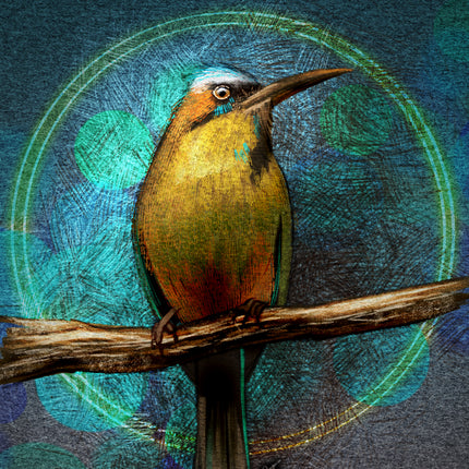 Colorful bird perched on a branch with a textured blue and green background