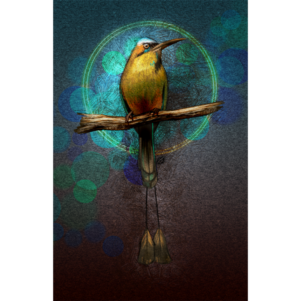 Colorful bird perched on a branch with a bokeh effect in the background