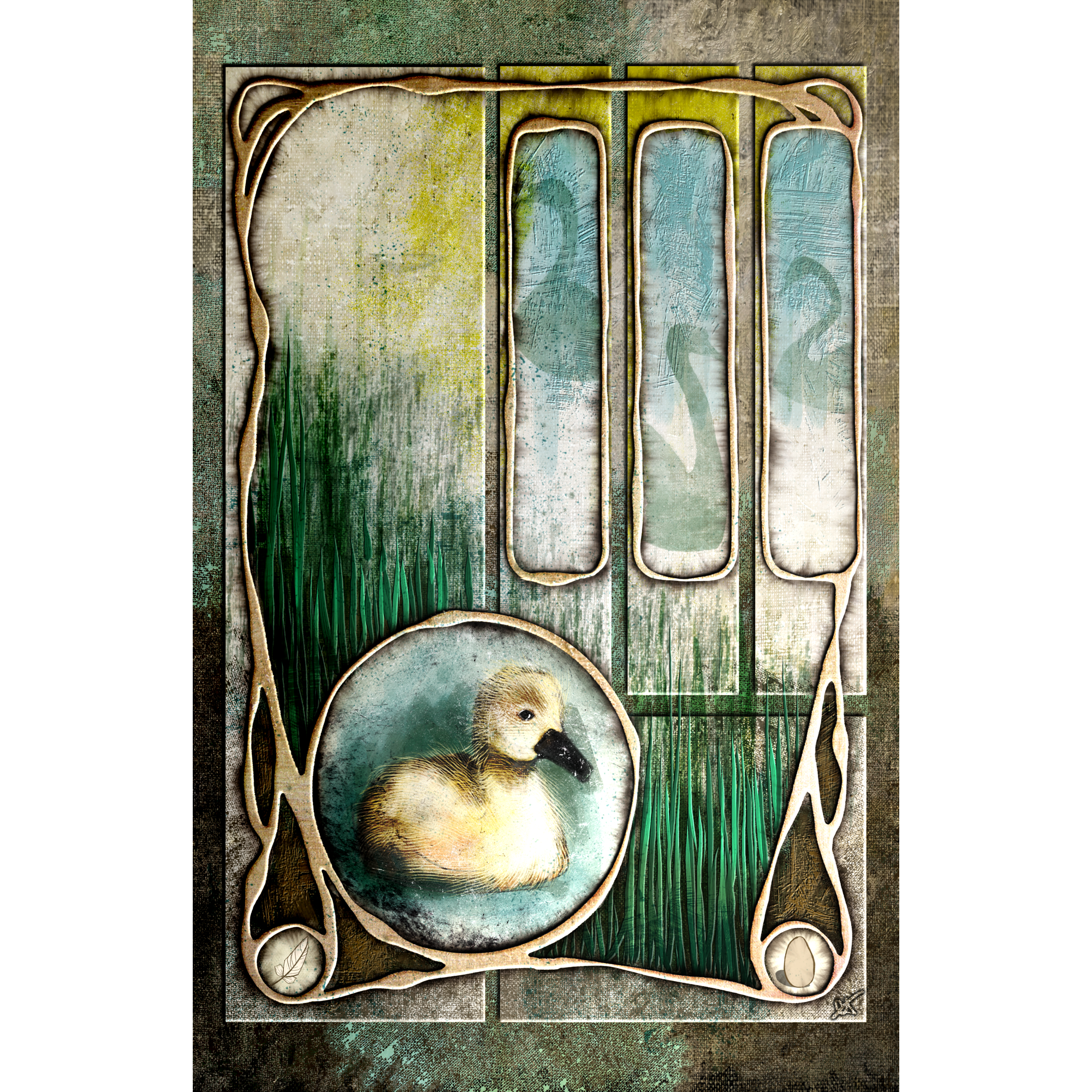 Decorative print with a duckling in a circular frame surrounded by stylized musical notes on a textured background.