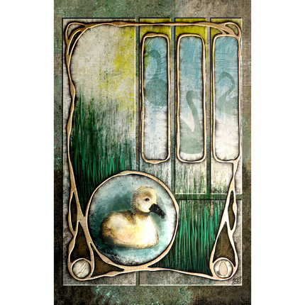 Decorative print with a duckling in a circular frame surrounded by stylized musical notes on a textured background.