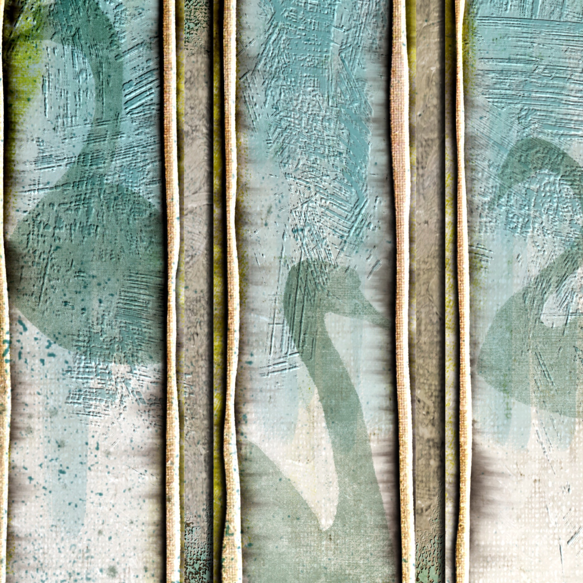 Abstract art with vertical brush strokes in green, blue, and beige.