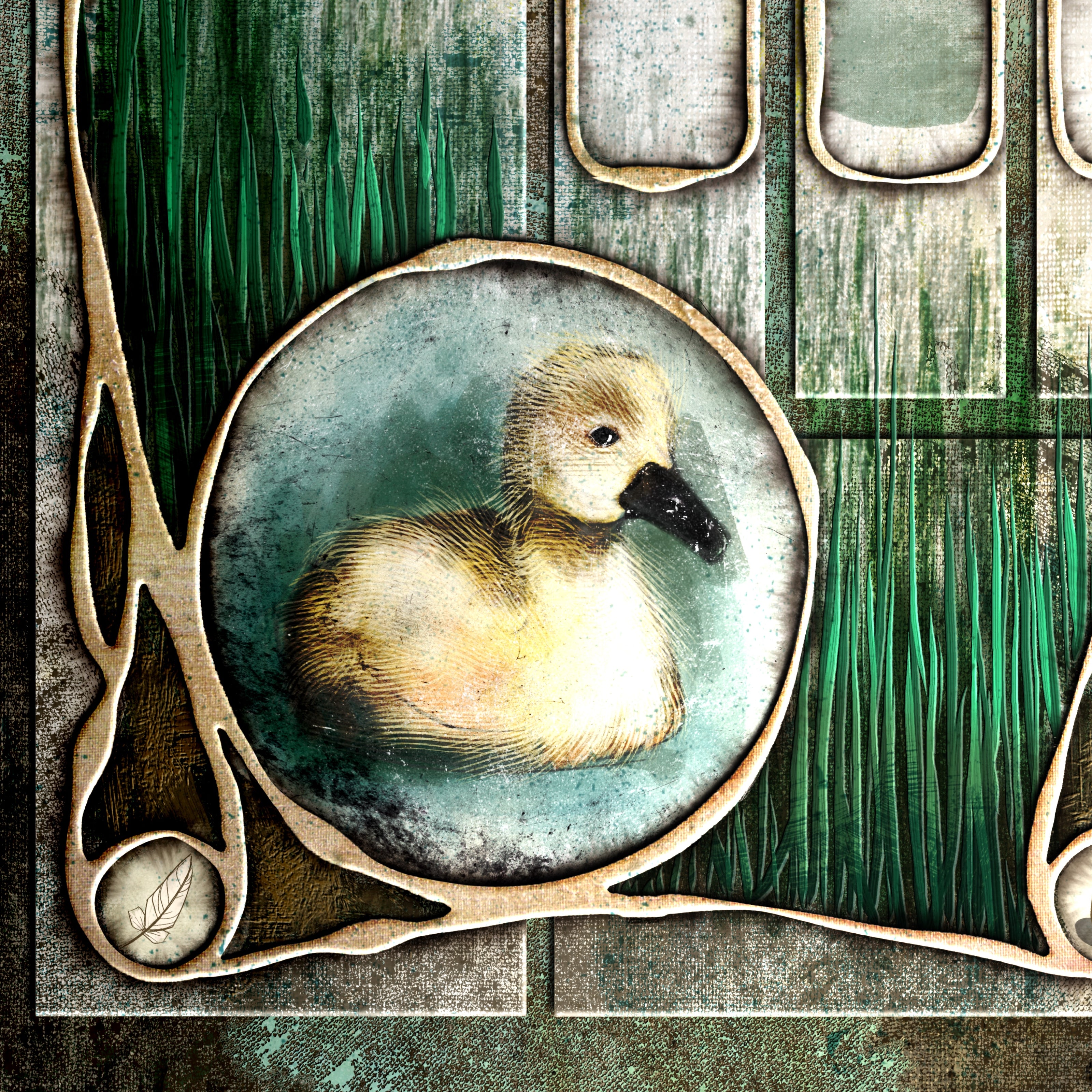 Illustration of a duck in a decorative frame with a natural background