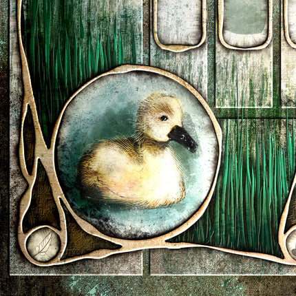 Illustration of a duck in a decorative frame with a natural background